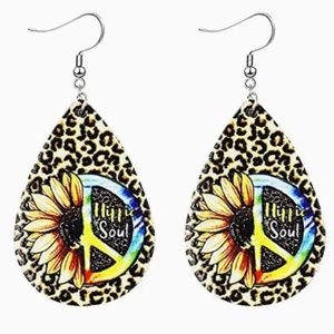 New Sunflower Leopard Hippie Soul Peace Teardrop Dangle Earrings Faux Leather